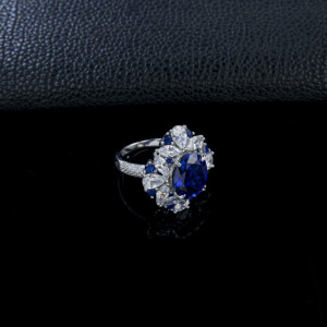 <b>925</b> Sterling <b>Silver</b> Lab Created Sapphire Oval Cut Floral Halo Statement <b>Ring</b> - Product Image 3