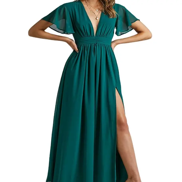 Best Selling Emerald Green Diepe V-hals Ruches Geplooide Rok Sexy Korte Mouw <span class=keywords><strong>Party</strong></span> Maxi Jurk