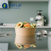 Bol à salade en papier kraft rond de 500 ml avec couvercle en PET et couvercle en papier, boîte à lunch, revêtement PE, utilisable au micro-ondes