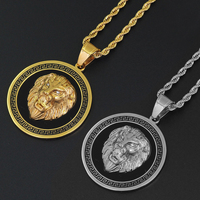 Collier Tête de Lion pour Homme en Acier Inoxydable Plaqué Or 18 carats, avec Diamants Noirs et Zircons Cubiques (CZ) Ronds, Inoxydable