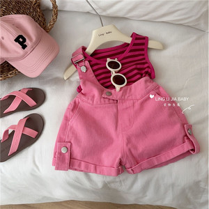 Girls Denim Overalls Set Striped Vest Two Piece Summer Cotton Outfit For Children - Product Image 1