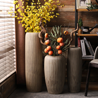 Grand Vase de Sol en Céramique Mat Marron, Style Bois Gratté, Rétro Chinois, pour Décoration de Salon