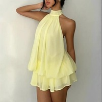 WY507001 Nouvelle Robe Courte Femme Tendance 2026 pour Vacances, Coupe Ajustée, Sexy, Dos Nu, Col Halter, Taille Nouée, Jupe Courte Bouffante
