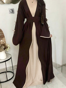 Nuovo autunno a buon mercato medio-orientale alla moda con fiocco in poliestere arabia lunghezza alla caviglia tinta unita Casual morbido e confortevole Abaya con cintura - Product Image 4
