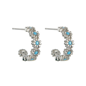 Daisy Flower Hoop Earrings Blue Turquoise S925 <b>Silver</b> <b>Studs</b> Summer Style Fashion Jewelry - Product Image 5