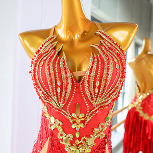 Vestido de Baile Latino de Alta Calidad en Color Rojo Perla, 100% Poliéster, Hecho a Medida para Actuaciones Infantiles, en Oferta - Product Image 4