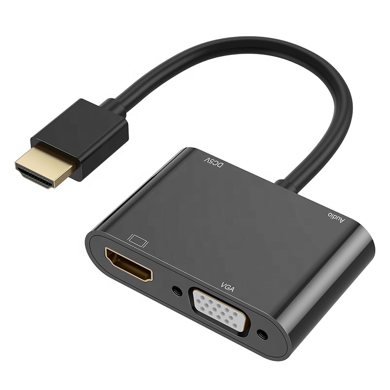 Adaptador de vídeo 1080P HDMI para HDMI e VGA conversor de vídeo splitter com cabo de entrada de áudio de 3,5 mm com cabo de carregamento preto