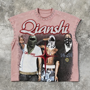 Débardeurs Homme 100% Coton Personnalisés avec Strass, T-shirts Graphiques Streetwear, T-shirts Sans Manches Surdimensionnés et Épais – Vente en Gros - Product Image 3