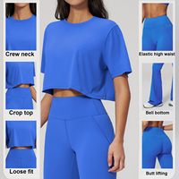Ensemble de yoga pour femme : Haut court à col rond et pantalon évasé taille haute effet push-up pour la danse et l'entraînement, séchage rapide, respirant, couleur unie, logo OEM