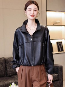 <strong>Petite</strong> <strong>Women</strong> Sheep <strong>Leather</strong> <strong>Jacket</strong> Short Cropped Zip up <strong>Jacket</strong> Lapel Collar Korean Style Spring Autumn - Product Image 2