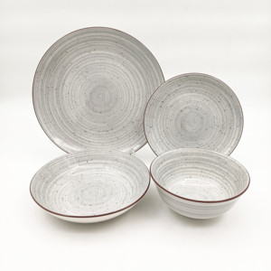 Juego <span class=keywords><strong>de</strong></span> <span class=keywords><strong>Vajilla</strong></span> <span class=keywords><strong>de</strong></span> <span class=keywords><strong>Gres</strong></span> Blanco con Espiral y Diseño Moteado, Estilo Rústico con Borde Rojo Hecho a Mano - Product Image 2
