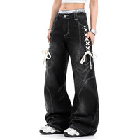 Jeans à lacets style américain pour hommes et femmes, design patchwork, coupe ample et large avec un ourlet incurvé, longueur au sol