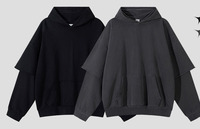 Sweat à capuche homme double couche épais avec logo personnalisé, noir délavé, coupe oversize et carrée, épaules tombantes, effet vintage usé