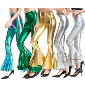 Pantaloni da discoteca Hippie da <span class=keywords><strong>donna</strong></span> S-XXL retrò anni '70 svasati lucidi Laser metallizzato con volant pantaloni larghi elastici in vita - Product Image 1