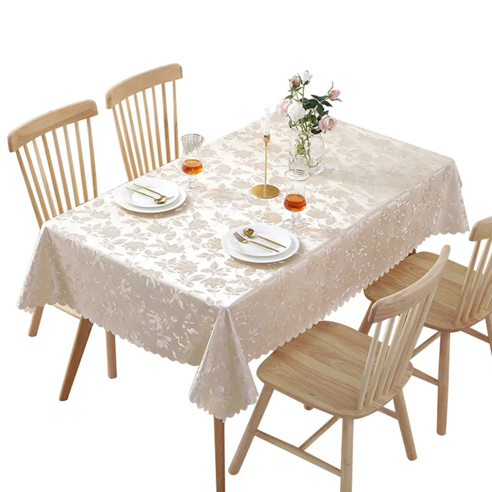 Özel yemek beyaz dikdörtgen su geçirmez Danask plastik masa örtüleri dantel parti dekoratif