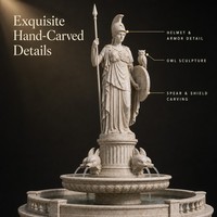 Fontaine en marbre baroque européen avec statue de guerrière, lance, bouclier et hibou, pour aménagement aquatique extérieur d'hôtels, centres de villégiature, places publiques et parcs