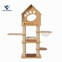 Mobilier d'escalade pour chat d'intérieur : Tour avec maison, motif empreinte de patte découpé, bol en acrylique et pilier en sisal, vente en gros