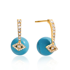Boucles d'oreilles pendantes géométriques en turquoise bleue, œil porte-bonheur, plaqué or 18 carats, zircon blanc, bijoux à porter au quotidien - Product Image 5
