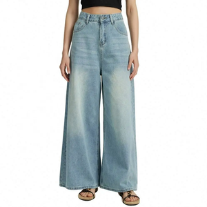 À la mode taille haute décontracté grande taille droite jambe <span class=keywords><strong>large</strong></span> femmes <span class=keywords><strong>jean</strong></span> polyvalent Stretch bleu toutes saisons pantalon en <span class=keywords><strong>jean</strong></span> ample - Product Image 2