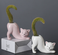 Pot Tanaman Kolom Art Deco Keramik dengan Desain Hewan Kucing dan Monyet yang Kreatif, Vas Meja untuk Sukulen