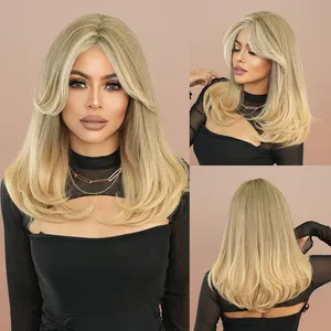 Highlights Blonde Wigs For Women Medium Length Straight Layered Synthetic Wigs With Bangs 20 Inch Women Natural Hair Peluca