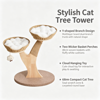 WickerDuo Arbre à chat en forme de Y de 68 cm avec deux paniers en osier, coussins blancs moelleux, jouet suspendu en forme de nuage et zone à gratter en sisal