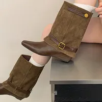 Nouvelles Bottines Femme à Talons Compensés Bas, Style Punk, avec Empiècements Unis, Bout Pointu et Boucle de Ceinture Vintage