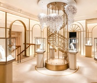 Design d'intérieur de salle d'exposition de bijoux de luxe de style français, couleur or champagne, avec kit complet de mobilier clé en main, éclairage LED et spirale centrale