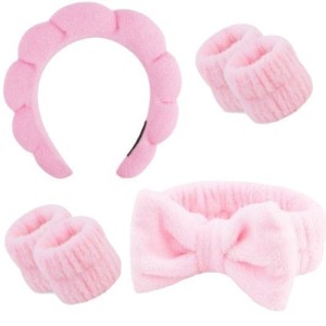 Spa Headband Set for Women Face Wash Skincare Accessories Sponge Hair Band Bow Tie Design Wristband Set Wholesale Manufacturer - Product Image 2