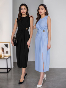 Vestido de Verano Nuevo para Mujer, Modesto, Elegante, de Oficina, Delgado, Versátil, Sólido, Maxi, de Cintura Alta, Línea A, Plisado, sin Mangas - Product Image 4