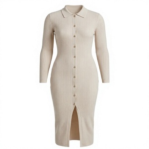 Robe pull décontractée en tricot crocheté pour femme, unie, à manches longues, boutonnée sur le devant, col chemise, moulante, mi-mollet, pour l'automne et l'hiver - Product Image 2