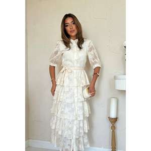 Robe élégante beige à motifs superposés, taille unique XL, longueur genou, pour le quotidien, les fêtes et le bureau, décolleté sans bretelles - Product Image 4