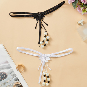 Tanga para mujer de talla grande, color negro y blanco, con cuentas, de fibra de poliéster tejida, solo lavar a mano. - Product Image 3