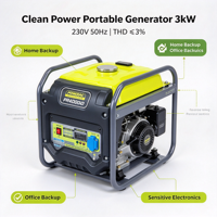 Générateur portable Clean Power 3kW 230V 50Hz THD 3% max pour électronique sensible, maison, bureau, alimentation de secours, Europe, Royaume-Uni