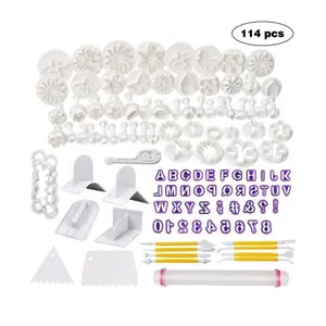 114 Pcs Cake Decorating Tools Kit Sugarcraft Icing Plunger Cutters Alphabet and Numbers Mold Embosser Flower Scissor Modelling