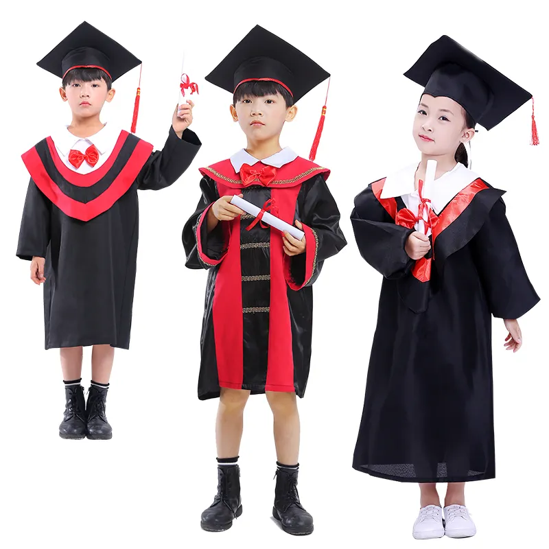 Kindergarten Graduation Gown Cap Set Children Bachelor Gown Doctoral Robe Unisex Black Graduation Gowns Costume