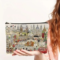 Trousse de maquillage imprimée avec les monuments de la ville de Londres, motif de bus rouge britannique, pochette de voyage à fermeture éclair pour cosmétiques et articles de toilette