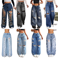 Vente en gros usine Nouveau style Jeans décontracté américain en coton à jambe large, en denim tissé déchiré, grande taille, pour femme, coupe droite