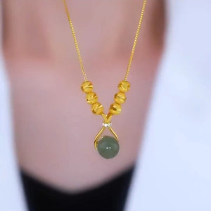 Hetian Jade Lucky Bag Necklace Women's Gold Chain Ball Pendant Everyday Wear Geometric Design Claw Setting XL-137 - Product Image 2