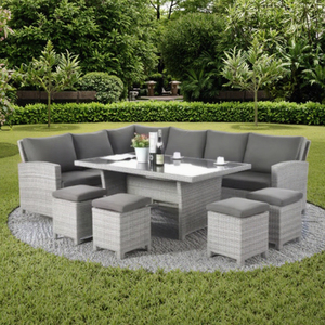 Ensemble de table à manger moderne en rotin et acier 6 pièces avec patio, jardin, chaises et tabourets pour l'extérieur Mobilier contemporain économique - Product Image 4