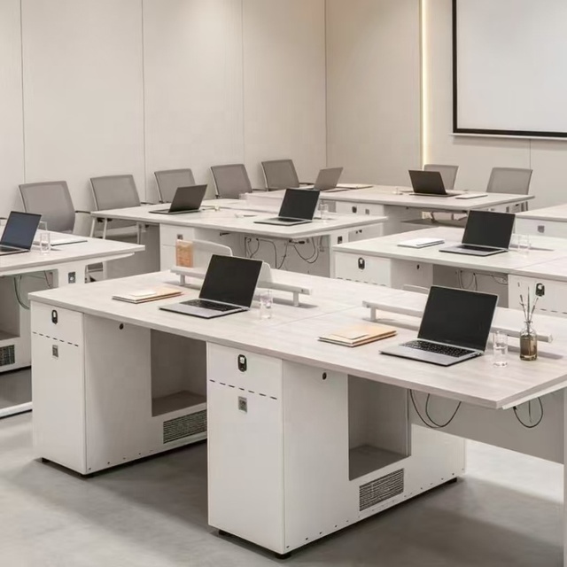 Mobile 2-Person Collaborative Office Workstation with Light Oak Melamine Top, Privacy Screen & Locking Caster Storage Base
