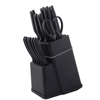 Ensemble de 14 couteaux de cuisine avec bloc de rangement, couteaux de chef, couteaux à steak, lames en acier inoxydable avec revêtement noir, manches ergonomiques en plastique
