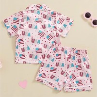 Ensemble pyjama rose avec drapeau américain pour enfants, filles et garçons, imprimé étoiles/fleurs, chemise à manches courtes, short à taille élastique