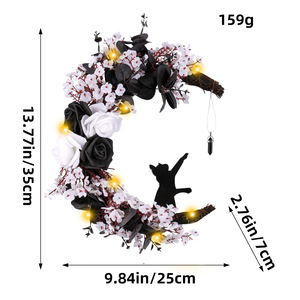 YY Fashion Outdoor Christmas Goth Roses Halloween Lighted Door Decorations Cute Cat <b>Garland</b> Crescent-Shaped Moon Wreath Fabric - Product Image 6