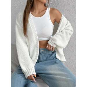 Cardigan blanc côtelé à col en V pour femme, pull léger en tricot, haut ouvert sur le devant - Product Image 2