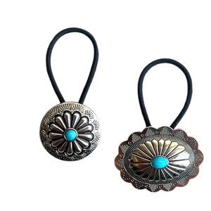 Accessoires <span class=keywords><strong>de</strong></span> cheveux Western pour femmes Turquoise Squash Blossom Hairband Tie Ponytail Holder Western Concho Pony Tie Hair Tie - Product Image 1