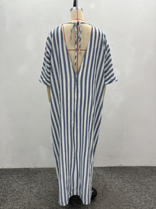 GX7245A abbigliamento di moda Boutique abito lungo largo a manica corta con stampa a strisce eleganti Maxi abiti senza scollo a V - Product Image 4