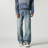 Pantalon en jean américain droit délavé pour homme avec motif bambou, coupe ajustée haut de gamme, léger, en denim bleu clair délavé à l'eau
