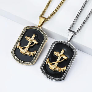 Stainless Steel Anchor Pendant <b>Necklace</b> For Men Black And Gold Dog Tag Chain Jewelry Fashion <b>Statement</b> Piece - Product Image 2