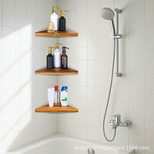 <b>Wooden</b> Corner Wall Mounted Shelf <b>Triangle</b> Drain Bathroom Storage Rack For Personal Care Products - Product Image 1